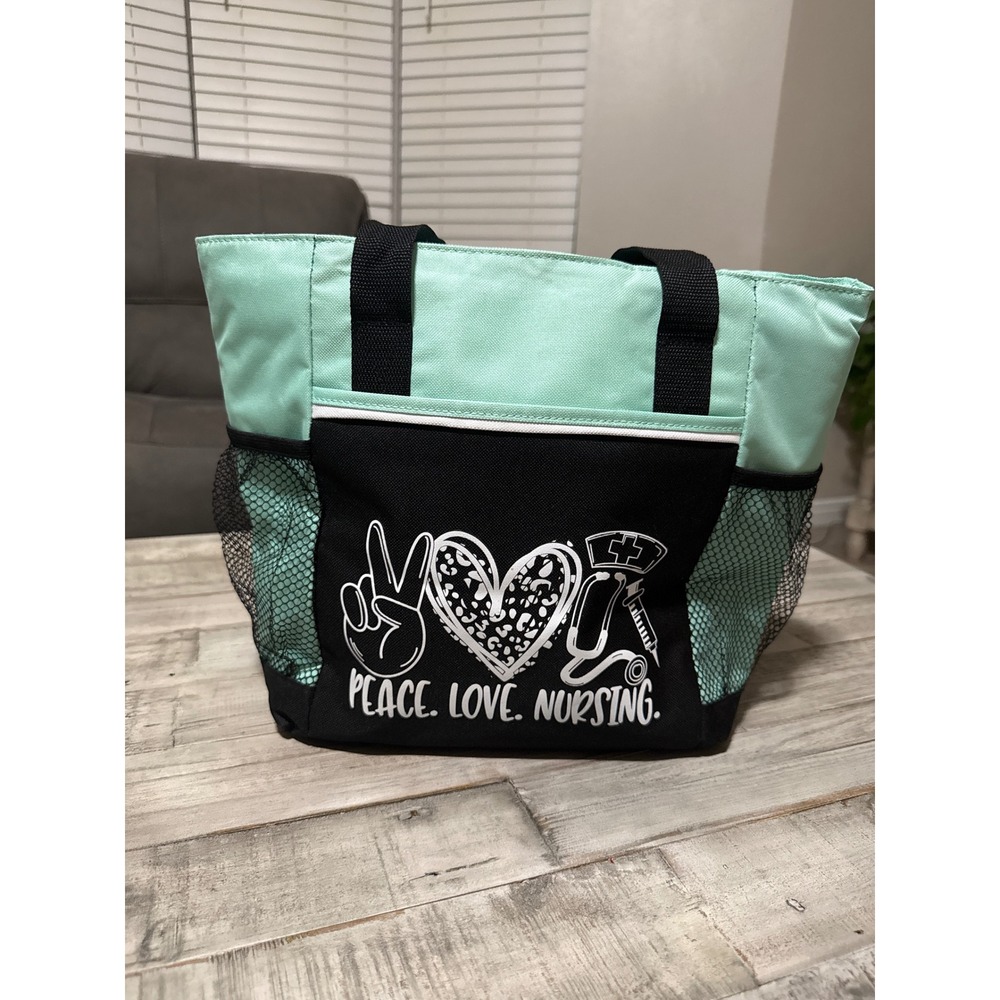 Peace Love Nursing Insulated Lunch Tote Bag Mint Green Black Medical Nurse Gift